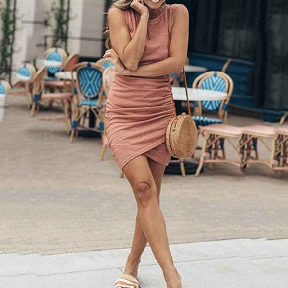 Women's Crew Neck Stretchy Mini Dress - Picture 2 of 5